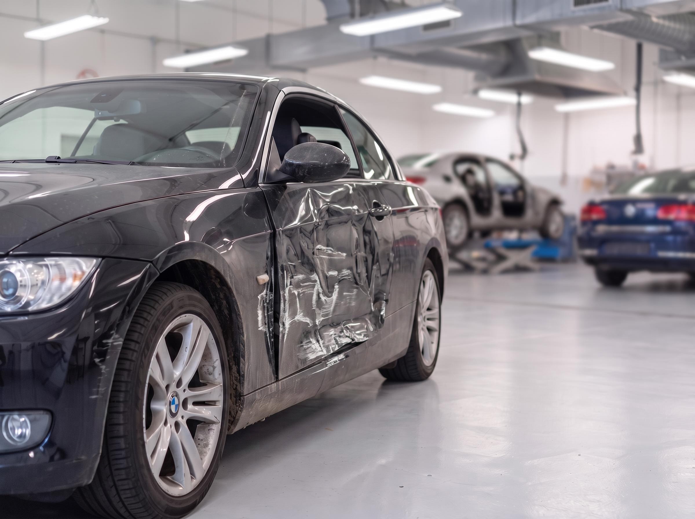 BMW vor der Reparatur – Tür und Seitenwand nach Unfall eingedrückt und aufgerissen